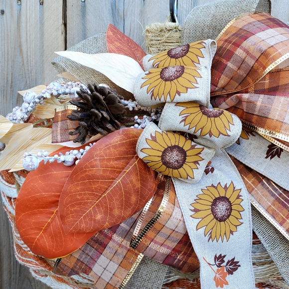 Handmade Ribbon Weaved Fall Rustic Farmhouse Hang Pumpkin - Picture 2 of 4